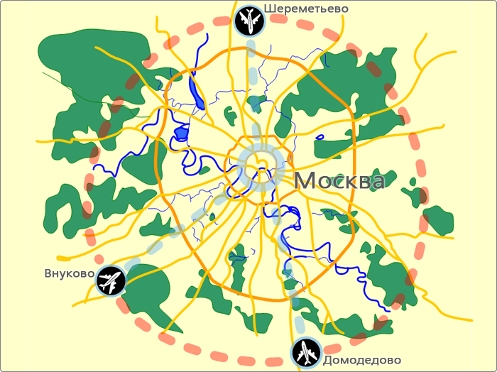 Москва, карта аэропортов и маршрутов